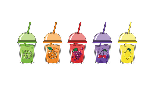 Colorful illustration of five fruit juice drinks in clear plastic cups with straws featuring lime orange grape cherry and lemon.
