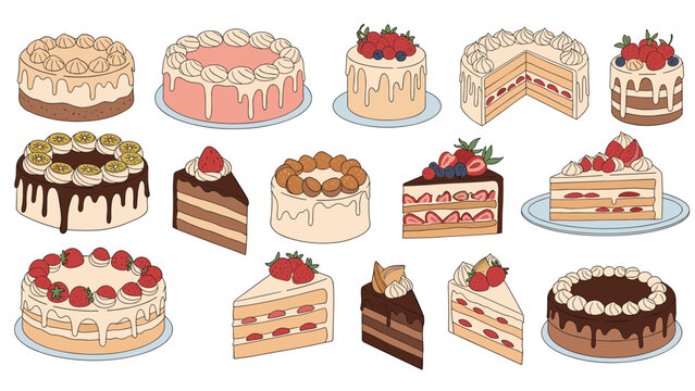 Large collection of illustrated cakes and cake slices decorated with fruits chocolate and cream for bakery and dessert themes.