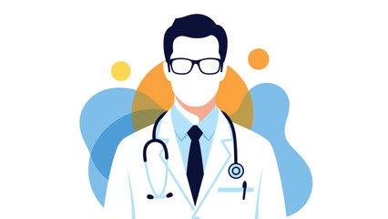Fototapeta premium Stylized portrait of a male doctor wearing a white lab coat, stethoscope, and glasses against a colorful abstract background.