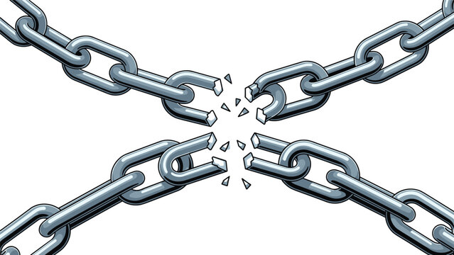 Illustration of several strong metal chain links being broken in the middle to represent freedom, escape, or liberation.