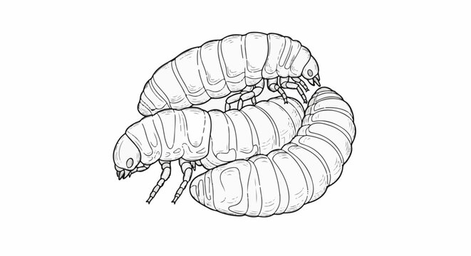 Detailed illustration of three segmented insect larvae curled together on a white background
