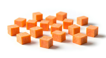 Fototapeta premium Fresh carrot cubes isolated on white background, group of diced orange carrot pieces, raw vegetable cubes for cooking and food preparation