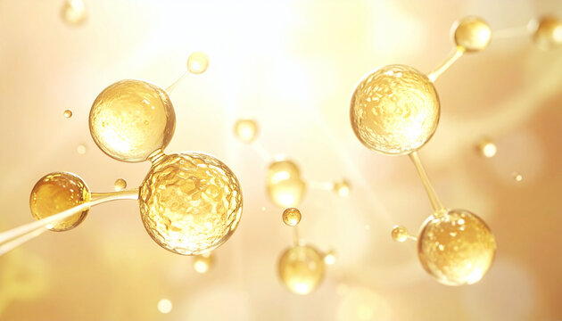 Abstract golden molecular structure with glowing liquid spheres on a bright bokeh background. A perfect metaphor for advanced skincare, antiaging science, and beauty innovation.