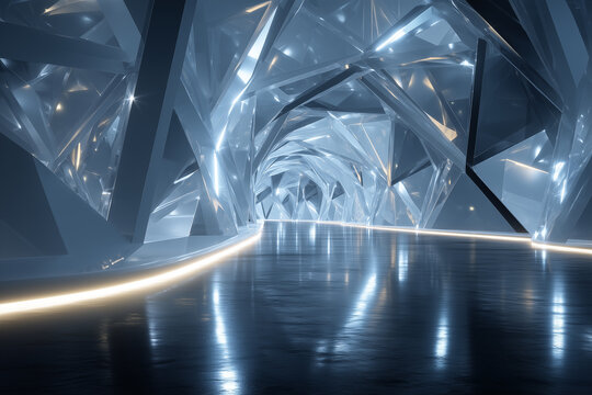 Crystal tunnel with reflection background.