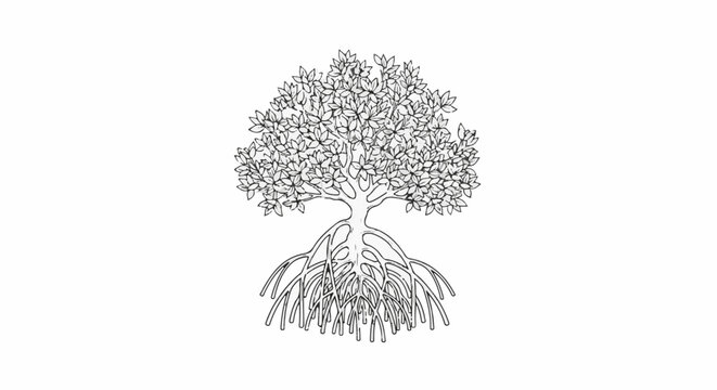 Detailed illustration of a mature mangrove tree with intricate root system