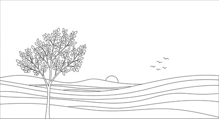 Fototapeta premium A minimalist line art illustration of a serene landscape with rolling hills and a lone tree under a clear sky with birds in flight
