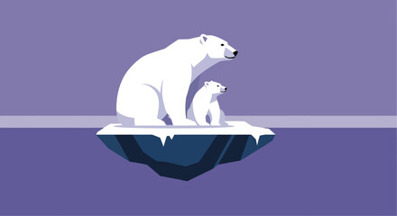 Fototapeta premium Polar bear family on melting ice floe, symbol of climate change and environmental concern