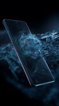 Hyper-realistic 3D render of smartphone with glowing global network hologram. Deep tech blue background with neon cyan and magenta accents. Ray tracing. Suitable for 5G, telecom concepts.