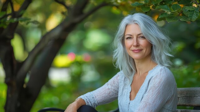 A senior portrait of a woman with silver hair, sitting on a bench in a peaceful garden.
