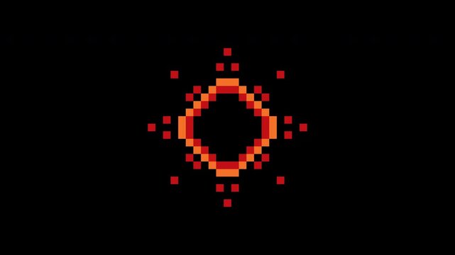 Pixel explosion animation with glowing particle effect. Digital spark dispersion in sequence. Retro game art asset with alpha channel for visual effect transition.	