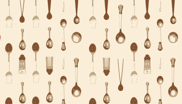 Stylized Arrangement of Various Kitchen Utensils Featuring Forks, Spoons, Ladles, and Plates in Repetitive Pattern on Neutral Background.