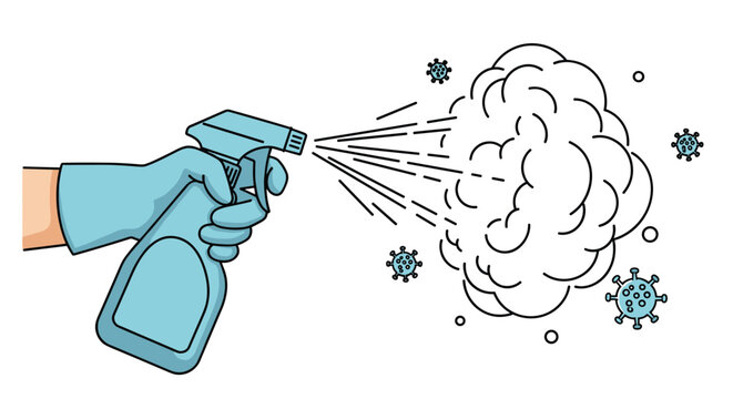 Gloved hand using a disinfectant spray bottle to kill viruses and bacteria to maintain a clean and safe environment.