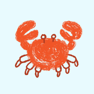 Hand drawn orange crab illustration with textured, painterly feel. Friendly cartoon crustacean character for kids ocean themed projects, book graphics and educational materials.