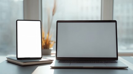 Fototapeta premium Smartphone and laptop computer on desk with blank screens