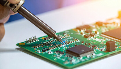 Naklejka premium Highprecision electronics repair featuring a soldering iron on a green PCB. This technical shot symbolizes innovation, manufacturing excellence, and professional hardware engineering.