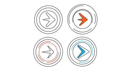 Obraz premium Collection of stylized circular arrow icons pointing right in different vibrant colors and minimalist line art styles.