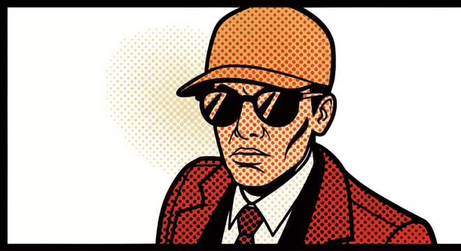 Mysterious Man in Sunglasses and Cap Retro Pop Art Illustration of an Undercover Agent or Detective with a Serious Gaze
