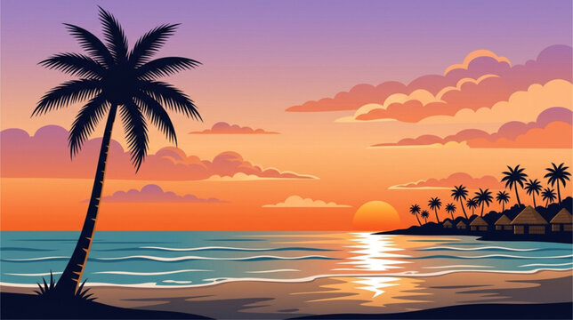 Tropical Paradise Sunset: Vector Illustration of a Serene Beach Resort