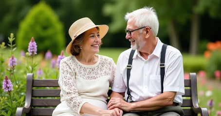 Fototapeta premium elderly couple sitting park bench smiling warmly holding hands enjoying summer day outdoor garden environment concept of lasting love senior connection