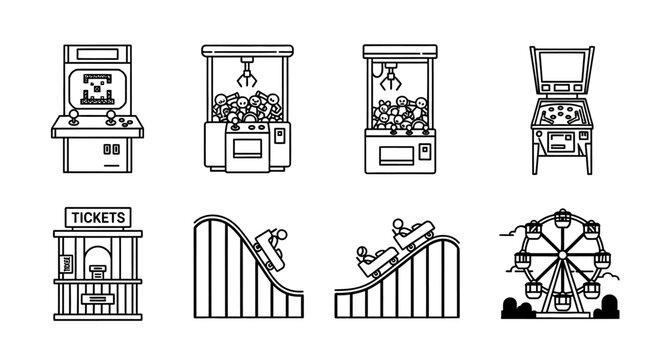 Outline vector icons set of classic amusement park rides and popular arcade games, perfect for entertainment and leisure themes