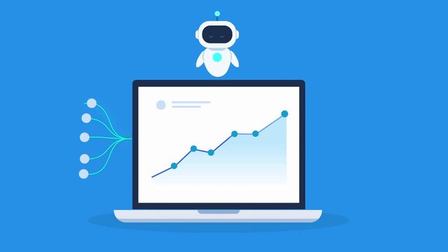 Animated AI robot confirming successful business data analytics on a laptop dashboard with a checkmark icon, representing validation, approval, performance success, and completed digital processes.