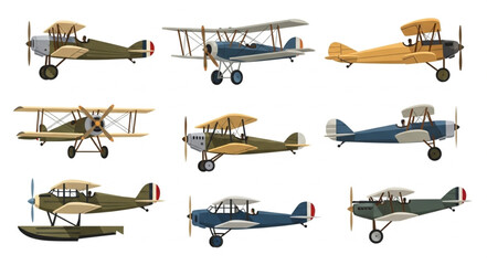 Collection of vintage biplane aircraft illustrations. © Moni