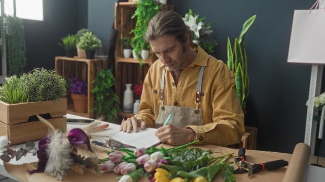 Man florist writing on clipboard and holding pen at a table with tulips, pruning shears, wooden crates and plants in studio; contentment.