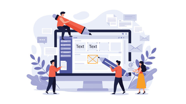 Creative content writing and website design concept with people using giant pencils to edit text and layouts on a large monitor screen.