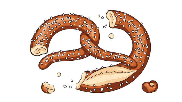 Crunchy salted pretzel broken into several pieces with scattered salt crystals and crumbs on a clean white background for food art.