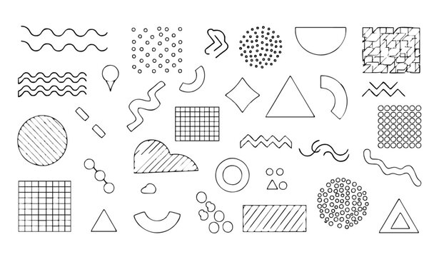 Memphis outline shapes vector black and white abstract geometric minimal line art set