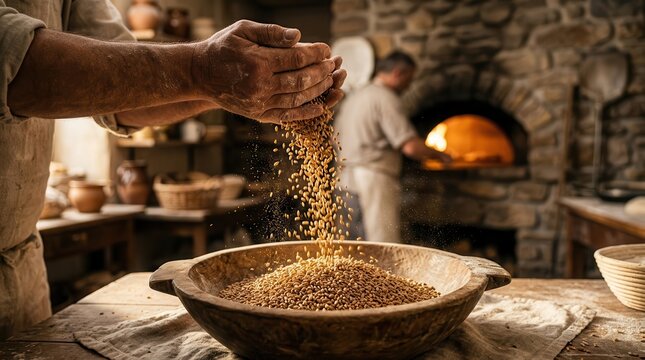 Artisanal hands pouring spelt grains into a vintage flour mill near a pizza oven.