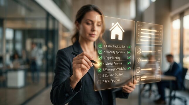 Professional using digital checklists and house icons for real estate transactions.