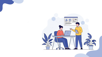 Naklejka premium Collaborative office environment with two professional teammates working together at a desk with a laptop to manage tasks and checklists efficiently.