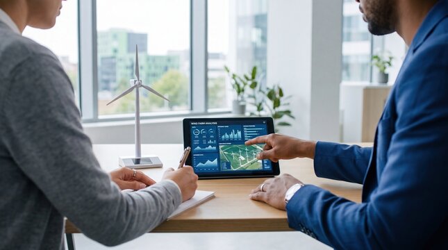 Business professionals analyzing wind farm data on tablet in office meeting, renewable energy strategy planning, sustainable investment discussion, green technology consulting and