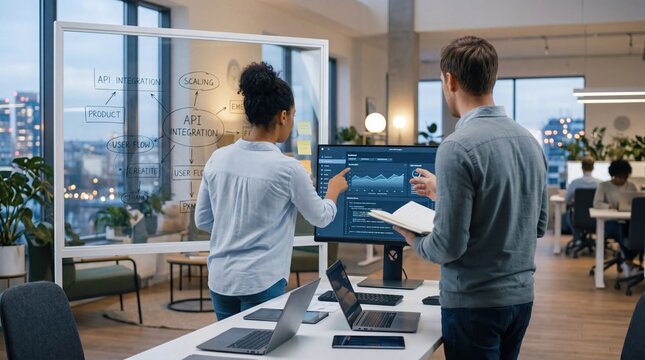 Business team analyzing API integration strategy on whiteboard and monitor in modern office, tech professionals discussing product scaling and user flow for software development