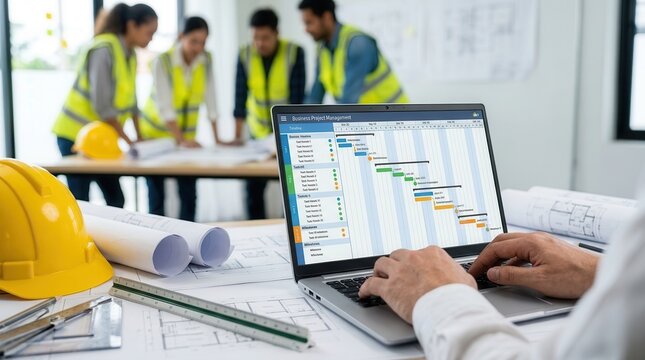 Project planning software on a laptop screen showing a timeline chart for business project management.