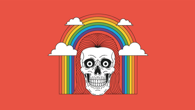 Artistic illustration of human skull with long red hair framed by colorful rainbow and white clouds on solid orange background.