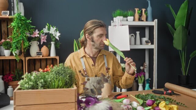 Man florist with apron sniffs a single yellow tulip beside a workbench strewn with flowers, tools and wrapping paper in a studio; serenity.