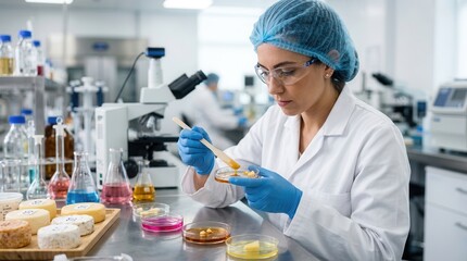 Fototapeta premium A professional dairy technologist performing chemical tests on cheese samples in a laboratory.