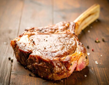Juicy tomahawk ribeye steak perfectly seared on a dark wooden background. This mouthwatering gourmet food photography is ideal for restaurant menus, grill masters, and culinary ads.