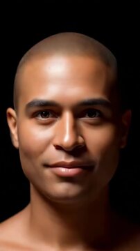 Fast morphing portraits show bald men and women of different ages in various expressions and settings.