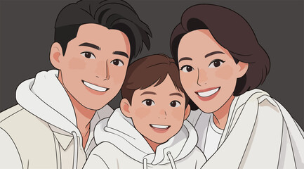 Fototapeta premium Warm Family Portrait of Three People in Casual Hoodies