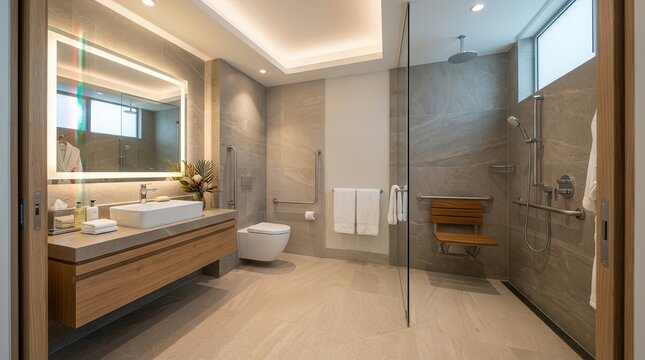 Spacious hotel bathroom designed for accessibility with a zero-threshold shower.