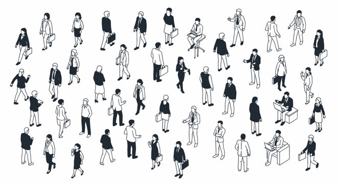 isometric people vector set featuring a diverse crowd of business professionals walking working and collaborating.