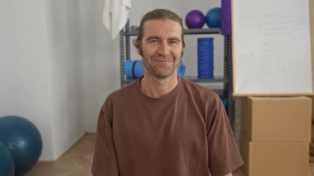 Man smiling at camera seated in brown t shirt, relaxed posture with exercise ball, foam roller and whiteboard on shelves in studio; calm wellness.