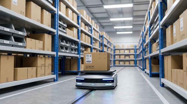 Autonomous mobile robot transporting cardboard box in automated warehouse aisle, logistics and supply chain automation with self-driving vehicle moving packages between storage