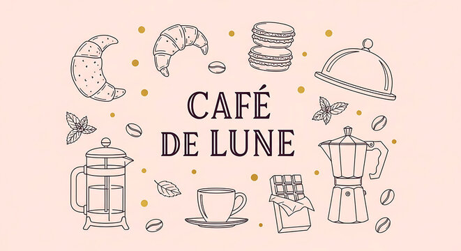 Elegant Cafe de Lune Illustration with Coffee Pots Pastries and Breakfast Elements