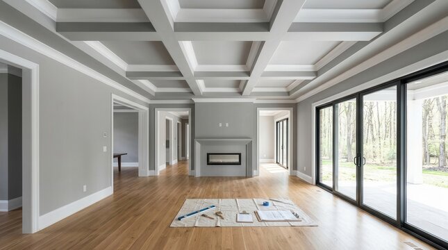 Drywall professionals create smooth walls and crisp corners in a newly renovated living room.