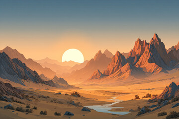 Naklejka premium Nature vector background, landscape with mountains and sun. Panorama of mountains, wilderness, sands, valley on sunset or sunrise.