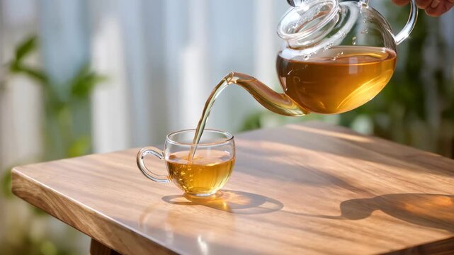 Transparent teapot filled with amber tea stands beside empty glass cup on wooden table in bright interior light, creating peaceful atmosphere of relaxation and comfort